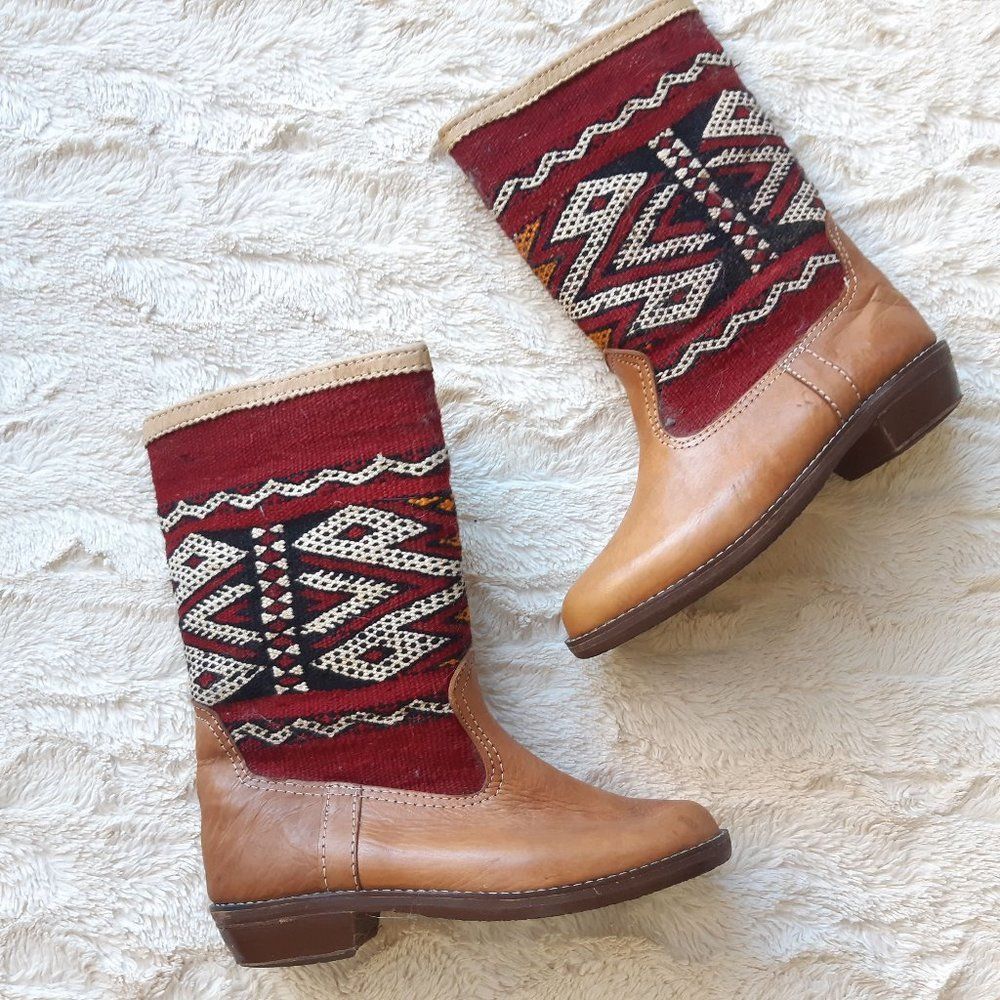 brown leather kilim handmade boots
